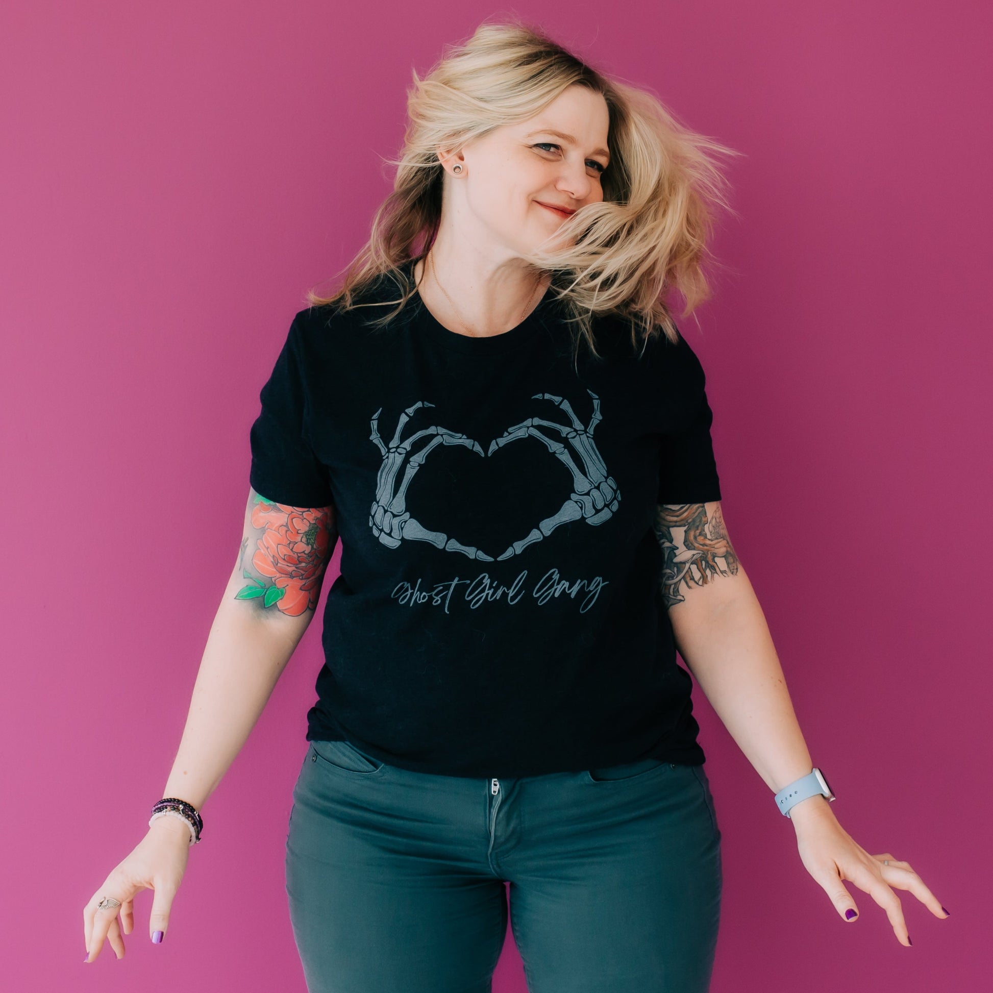Author Chelsea Conradt wearing Spooky All Year's Ghost Girl Gang shirt in black